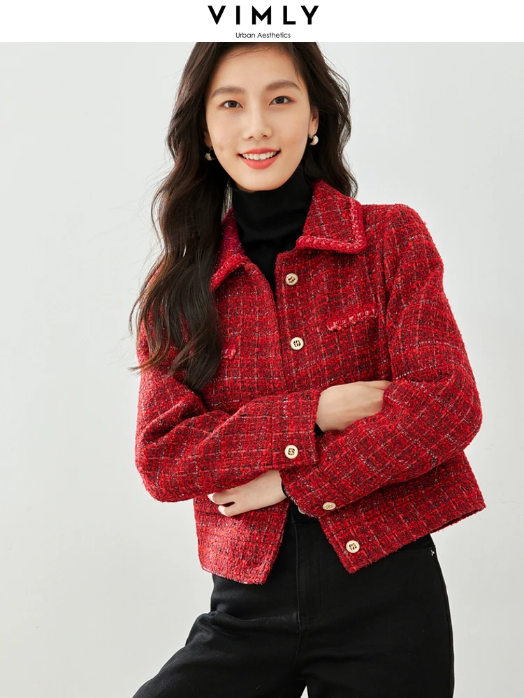 Vimly inverno vermelho tweed jaquetas para mulheres senhora do escritório 2023 trabalho negócios outerwear manga longa lapela em linha reta casaco