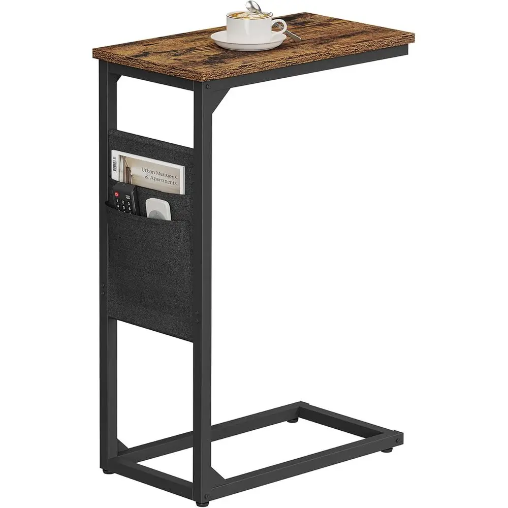 

C-Shaped Storage Side Table with Brown Bag, Versatile for Living Room or Bedroom