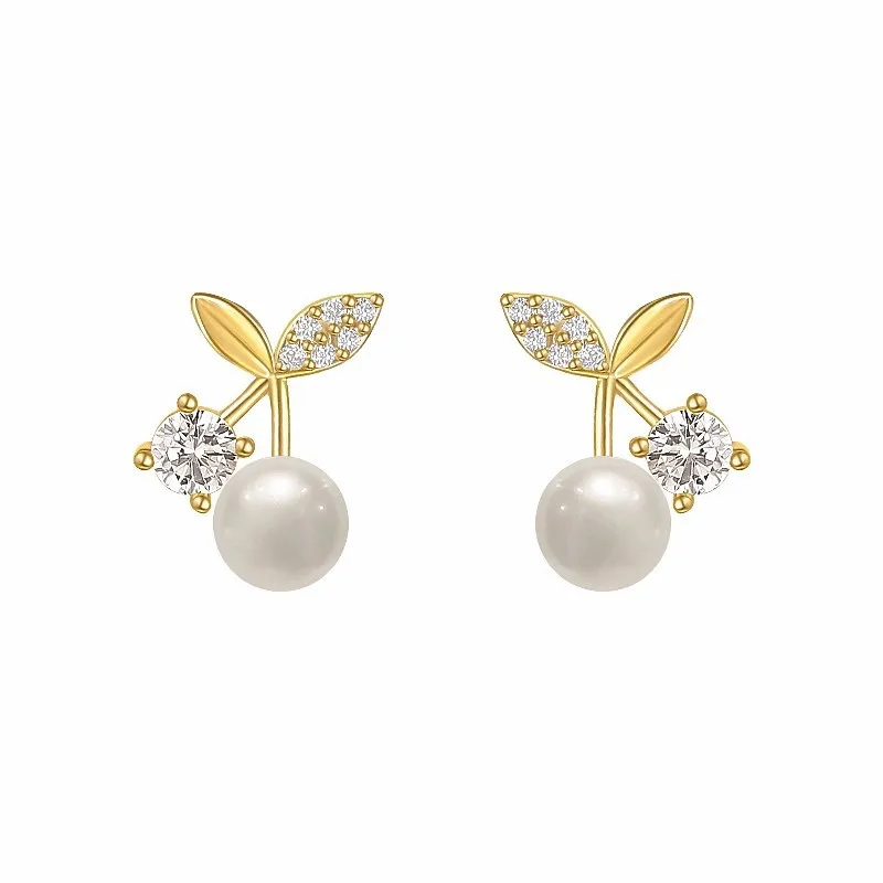 2023 New Design Petite Delicate Pearl Cherry Stud Earrings For Women Cute Zircon Rhinestone Bowknot Earring Jewelry Gifts