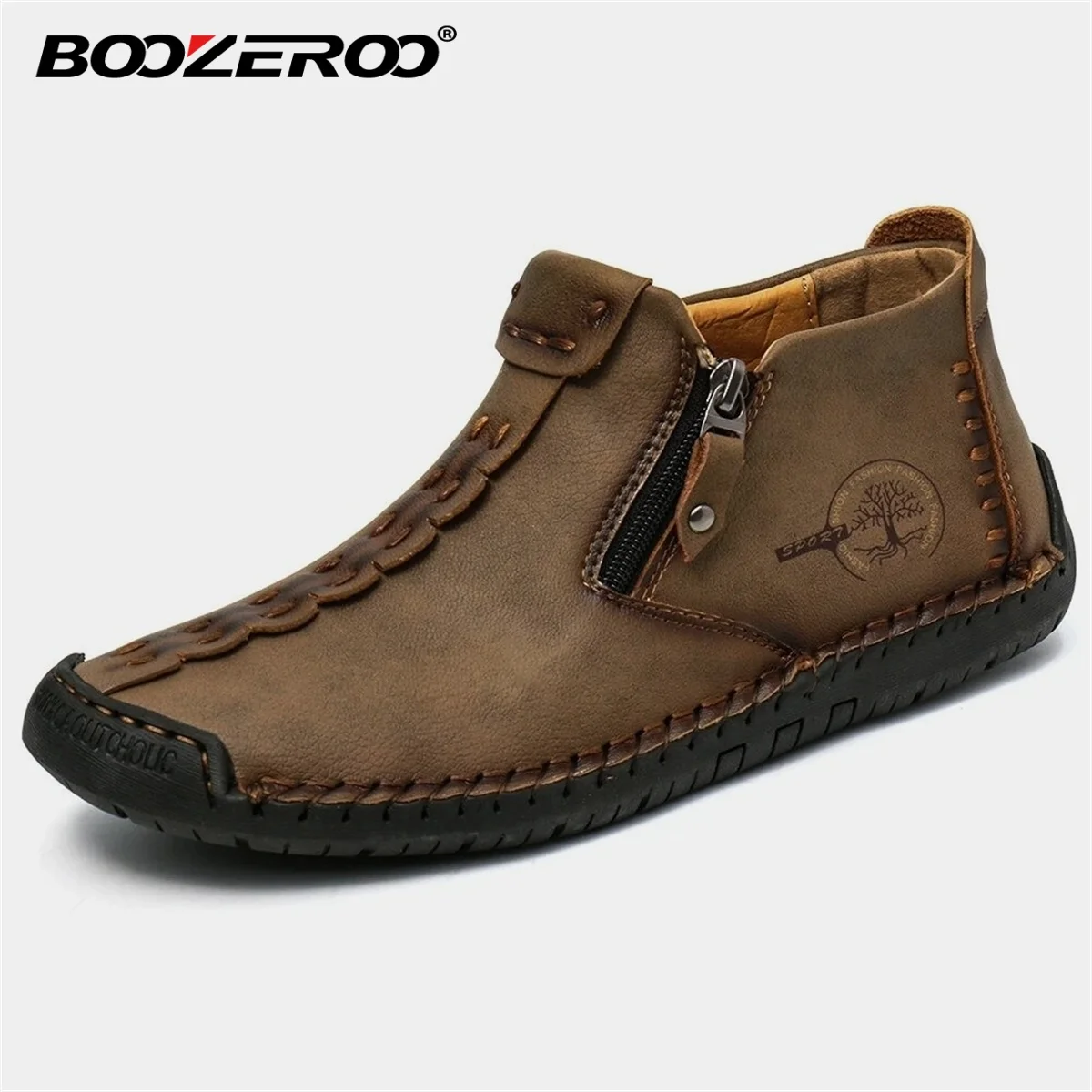 BOOZEROO Fashion Men's Leather Shoes Handmade Soft Breathable Driving Flats Casual Zipper Boots