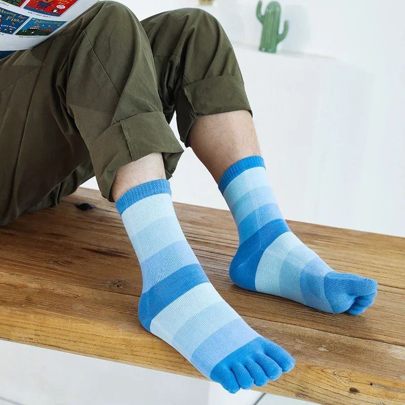 Мужские носки с пятью пальцами, короткие деловые платья из чистого хлопка, повседневные полосатые антибактериальные дышащие теплые мягкие эластичные носки