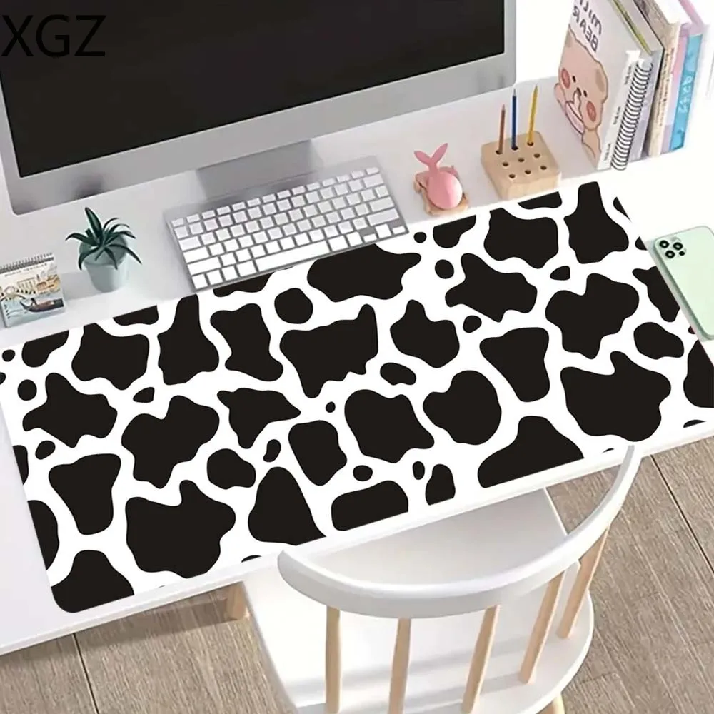 XL XXL Kawaii Cow Texture Large Mouse Pad Anti-Slip Rubber Base Stitched Edge Stylish Desk Mat Suitable for Gaming and Office