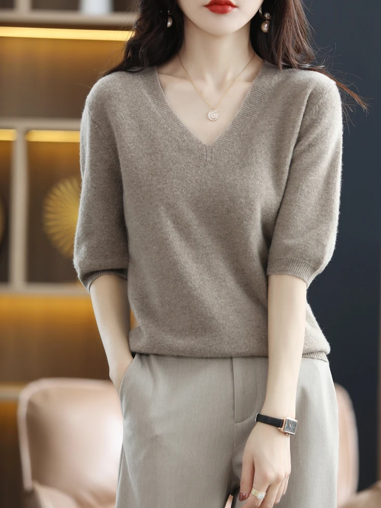 

Spring Summer Autumn Women Pure Wool Cashmere Short-Sleeve Tops V-Neck Knit Sweater Loose Pullovers High-End Half-Sleeve T-shirt