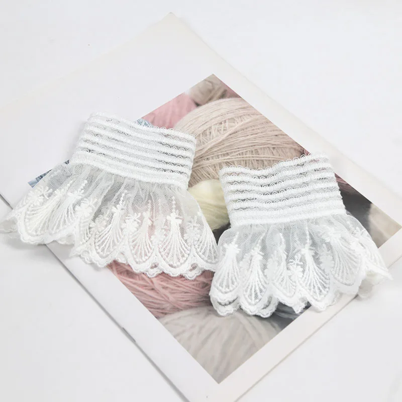 1Pair Detachable Cuffs Lace Flower Mesh Fake Flared Sleeves Ruched False Cuffs Sweet Decoration Sweater Blouse Wrist Warmers