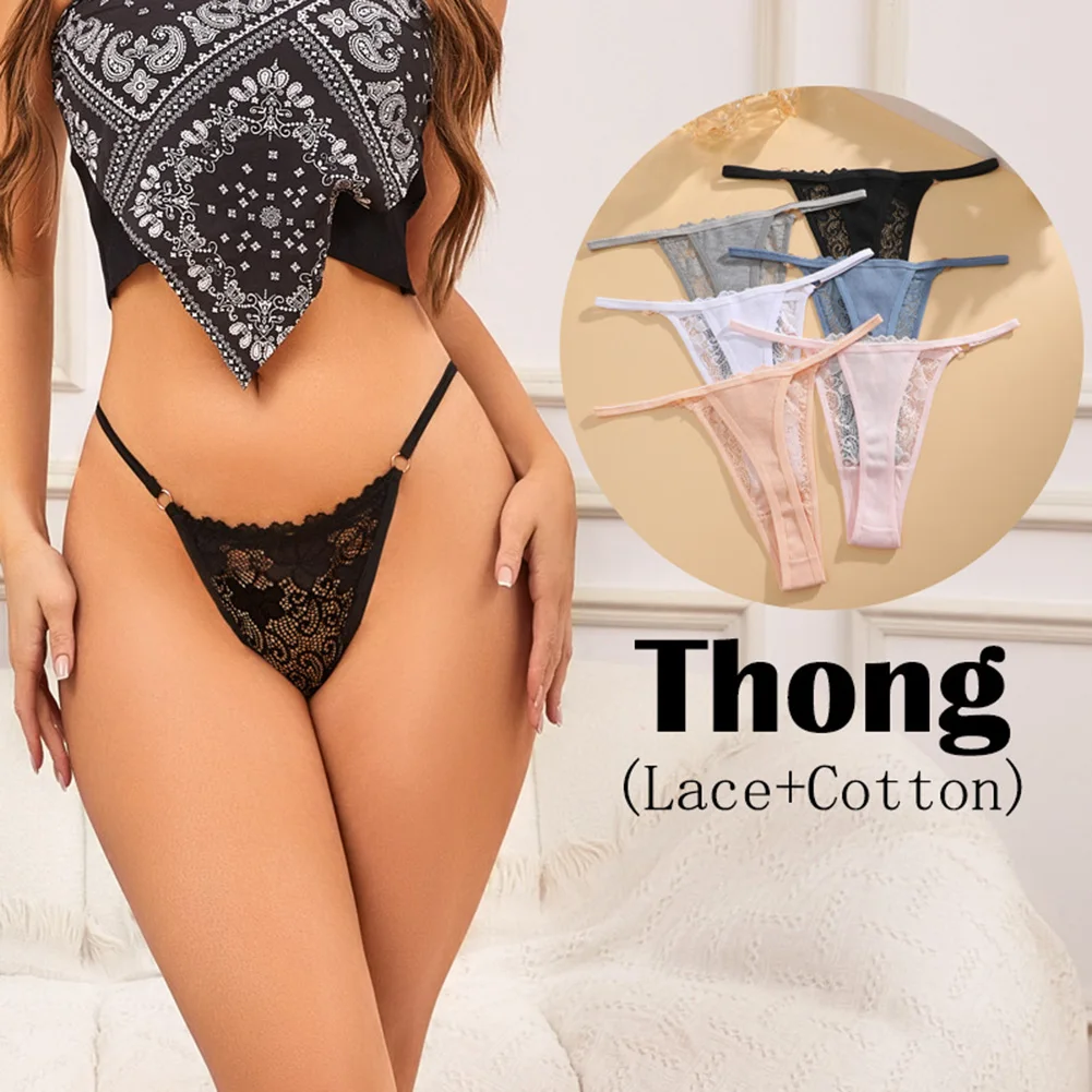Summer Breathable Womens Underwear Low Waist Sexy Lingerie Sheer Lace Ring Thin Strap Thongs G-strings Solid Color