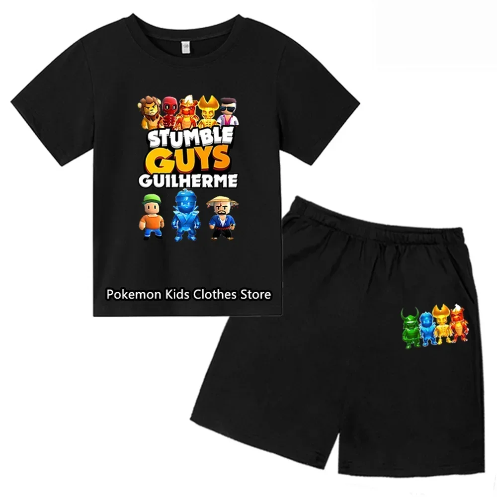 Game Stumble Guys Tshirt Set Cute Stitch Sonic Funny Girls T-shirts Cartoon Baby Boys Tops 3-14y Kids Clothes Teen Tees