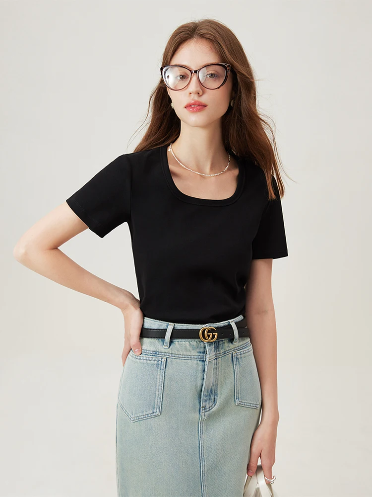 FSLE【4 Colors】Women Round Neck Casual Grey Summer T-Shirt Black Cotton Square Neck Short Sleeve Elastic Tees 24FS12797+24FS12798