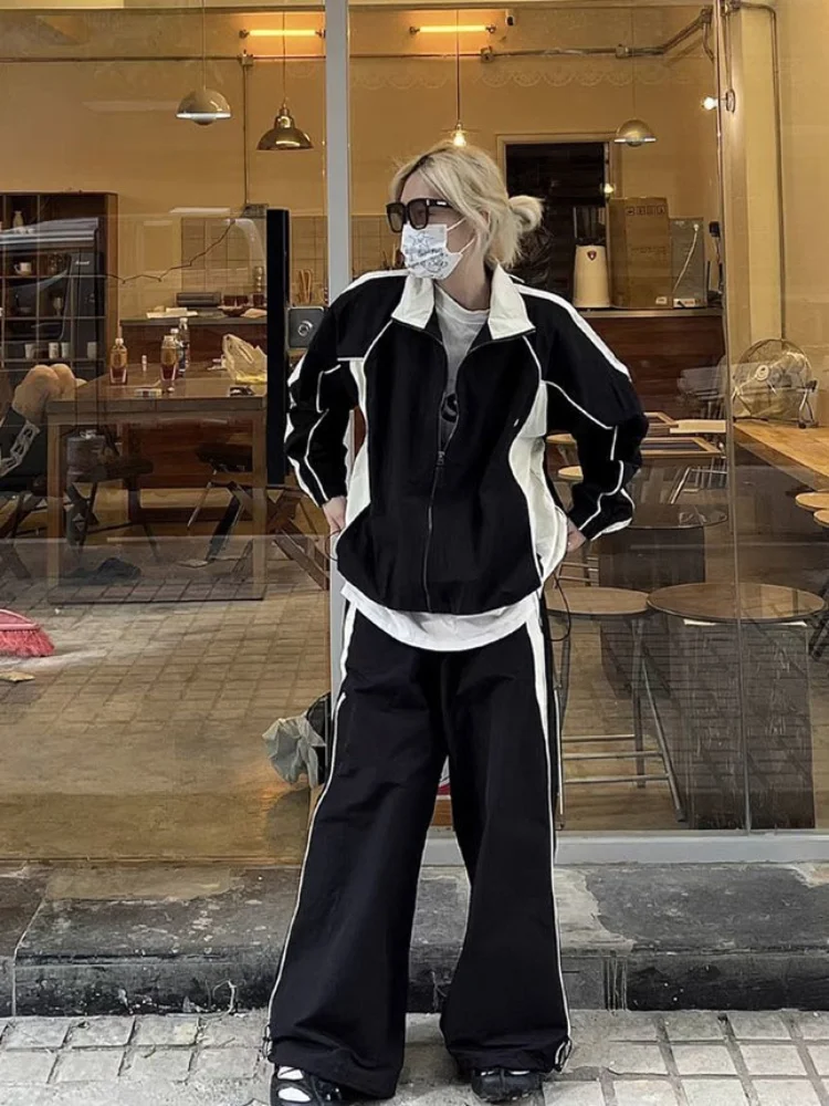 Vintage Y2K Black Joggers Set Women Retro Streetwear Hip Hop Tracksuit Oversize Zipper Sports Jacket Harajuku Sweatpants Suits