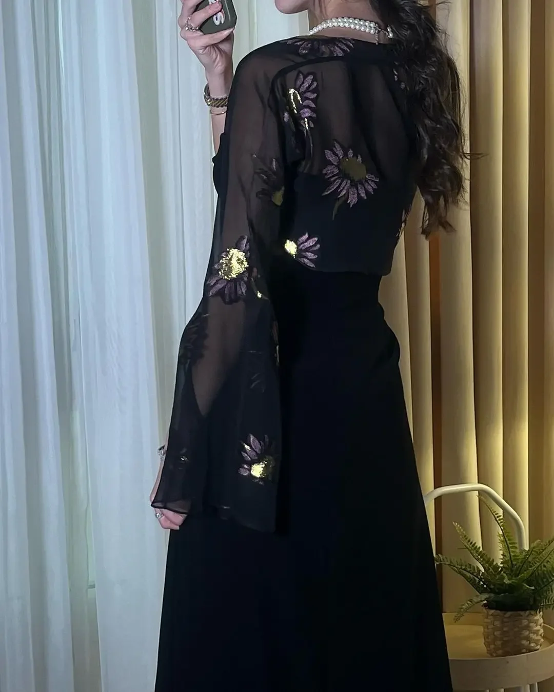 Saudi Arabia Evening Dresses Black Prom Dresses Printed Chiffon Long Sleeves Jackets Wedding Guest Dress for Women Special Party