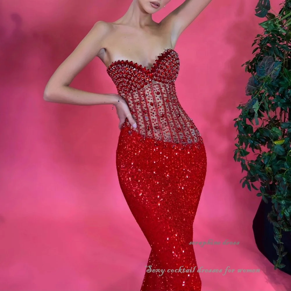 Luxuriöse Abendkleider für Frauen, Spitze, Pailletten, Meerjungfrau, Abendkleid, Korsett im Inneren, trägerloses Mieder, formelle Cocktailparty-Kleider