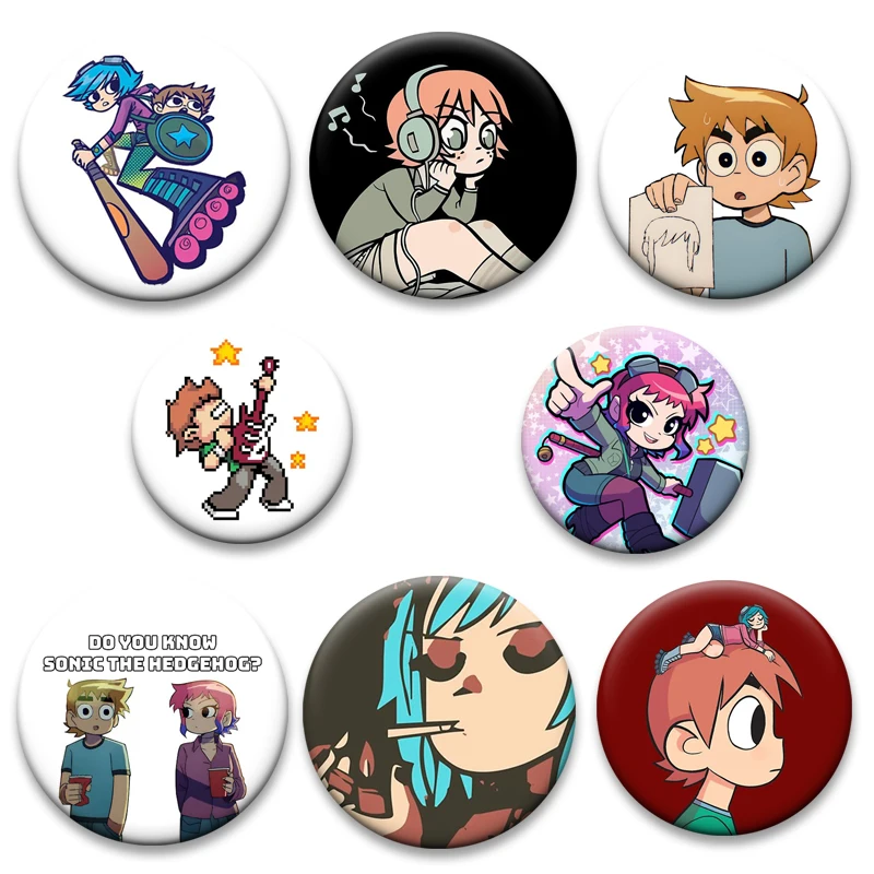 Insignia de hojalata del grupo Scott, alfileres de botón de Anime Scott Pilgrim Wallace Ramona, broches redondos de dibujos animados, accesorios elegantes, regalos
