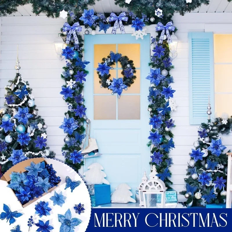 10 pezzi di fiori artificiali blu decorazione natalizia fiori finti per la decorazione domestica ornamento per albero di Natale ghirlanda fai da te accessori per regali