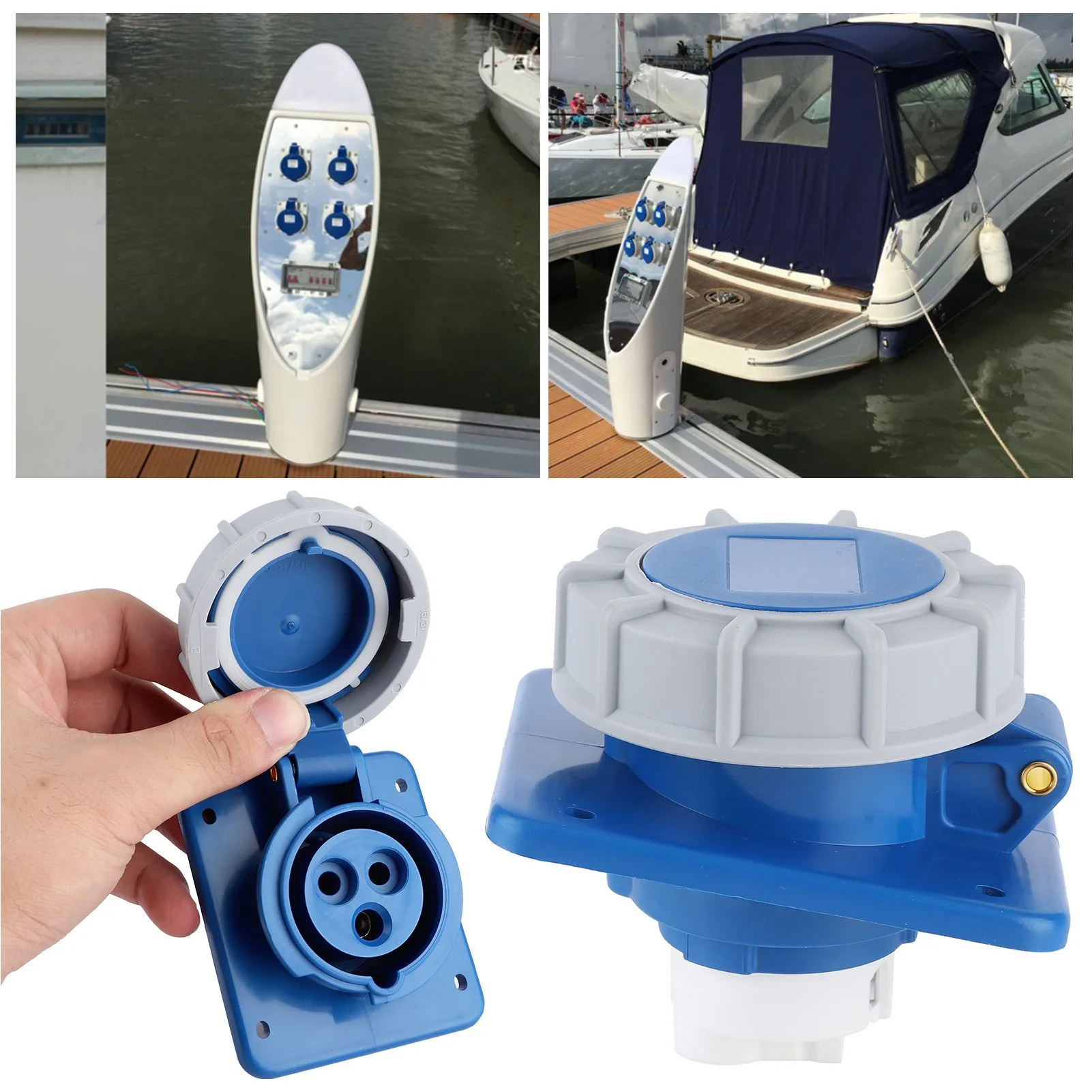 Toma de corriente para barco, toma de corriente para orilla de barco con junta IP67, resistente al agua, 16A, 220-250V, para yate, RV, autocaravana