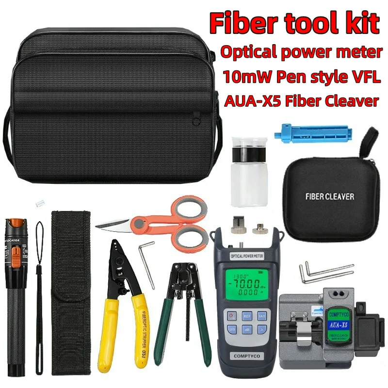 FTTH Fiber Optic Tool Kit With AUA-X5 Fiber Cleaver 10mw Visual Fault Locator Fiber Stripper Aramid Scissors Optical Power Meter