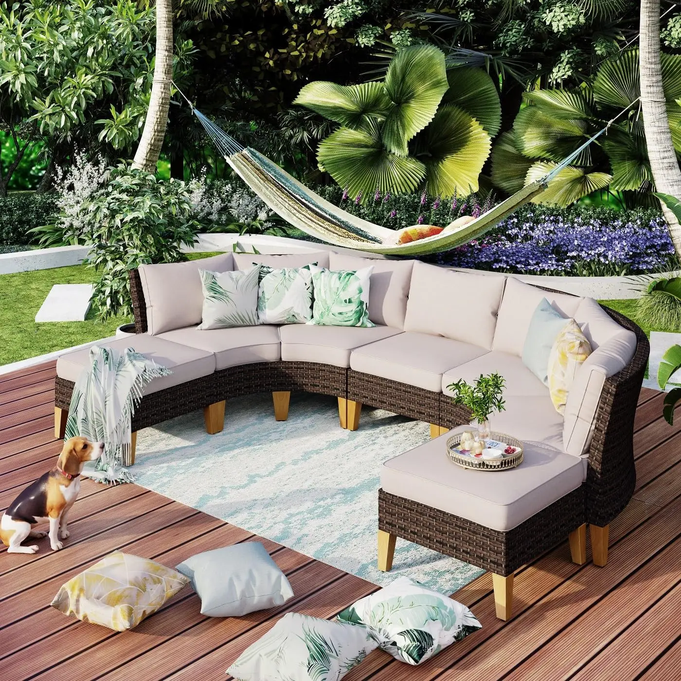 

Wicker Patio Furniture Set, All-Weather Rattan Outdoor Half-Moon Curved Sectional Sofa Set for Garden, Backyard, 4 x Curved Sofa