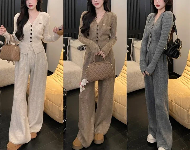 Korean Style Women's Knitted Cardigan Top+pants Set Spring Winter Elegant V-neck Cardigan+loose Wide Leg Pants Two-piece Set Y2k