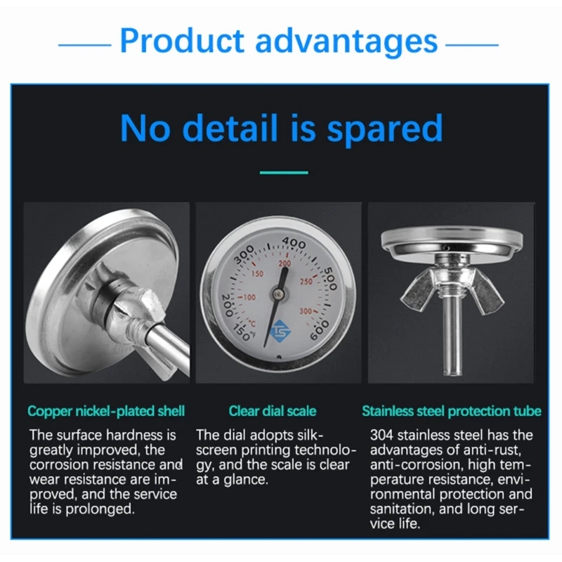 Termômetros inoxidáveis ​​dwan 65.5 ~ 315.5 ℃/150 ~ 600 ℉ 47mm diâmetro medidor teste temperatura redondo para carne