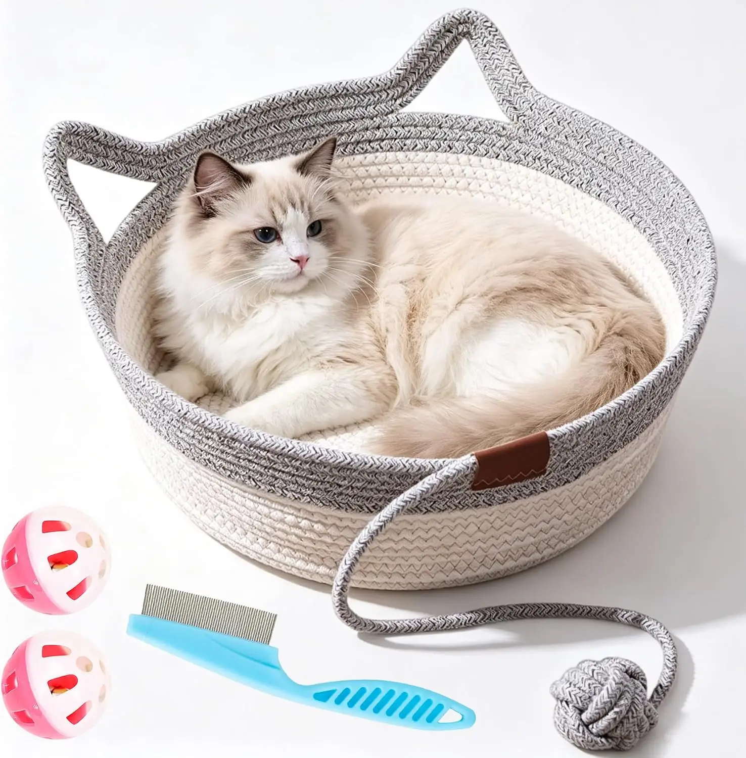 Cat Instinct Basket - Hand-woven Cotton Rope Fun Bed, Equipped with a Toy Tail, Suitable for Scratching and Interactive Pet
