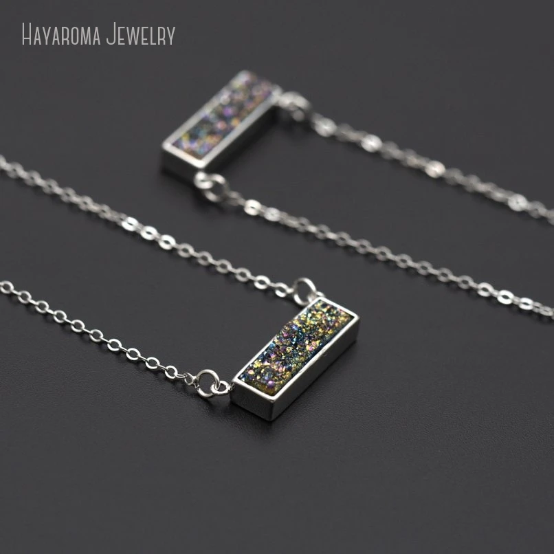 10Pcs Silver Plated Rainbow Druzy Bar Drusy Horizontal Gemstone Pendant Necklace Stainless Steel Chain Women Jewelry