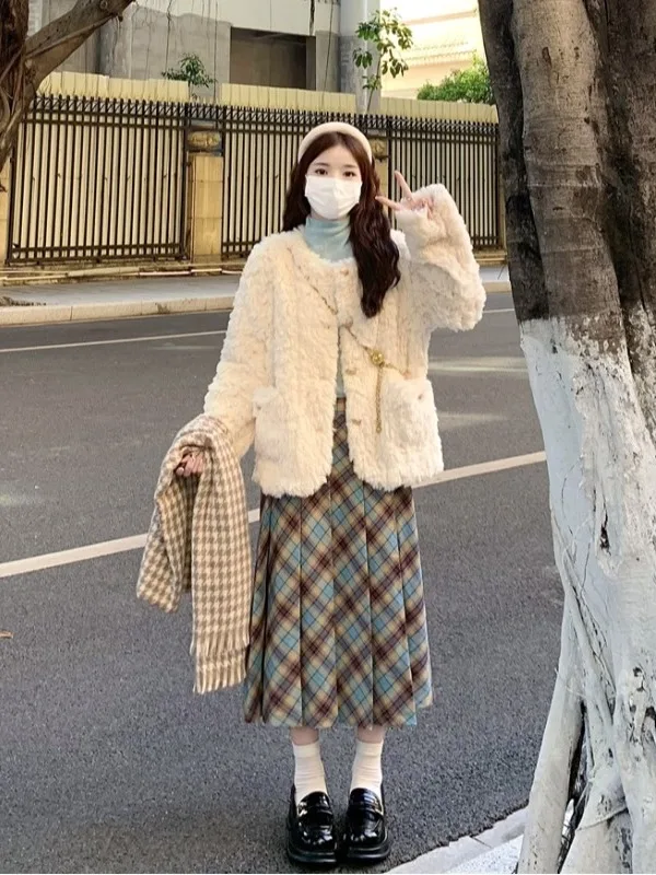

plus Size Fashionable Lamb Fur Coat Blue Base Shirt Plaid Skirt Set Autumn Winter High Waist A-Line Skirt Korean Style