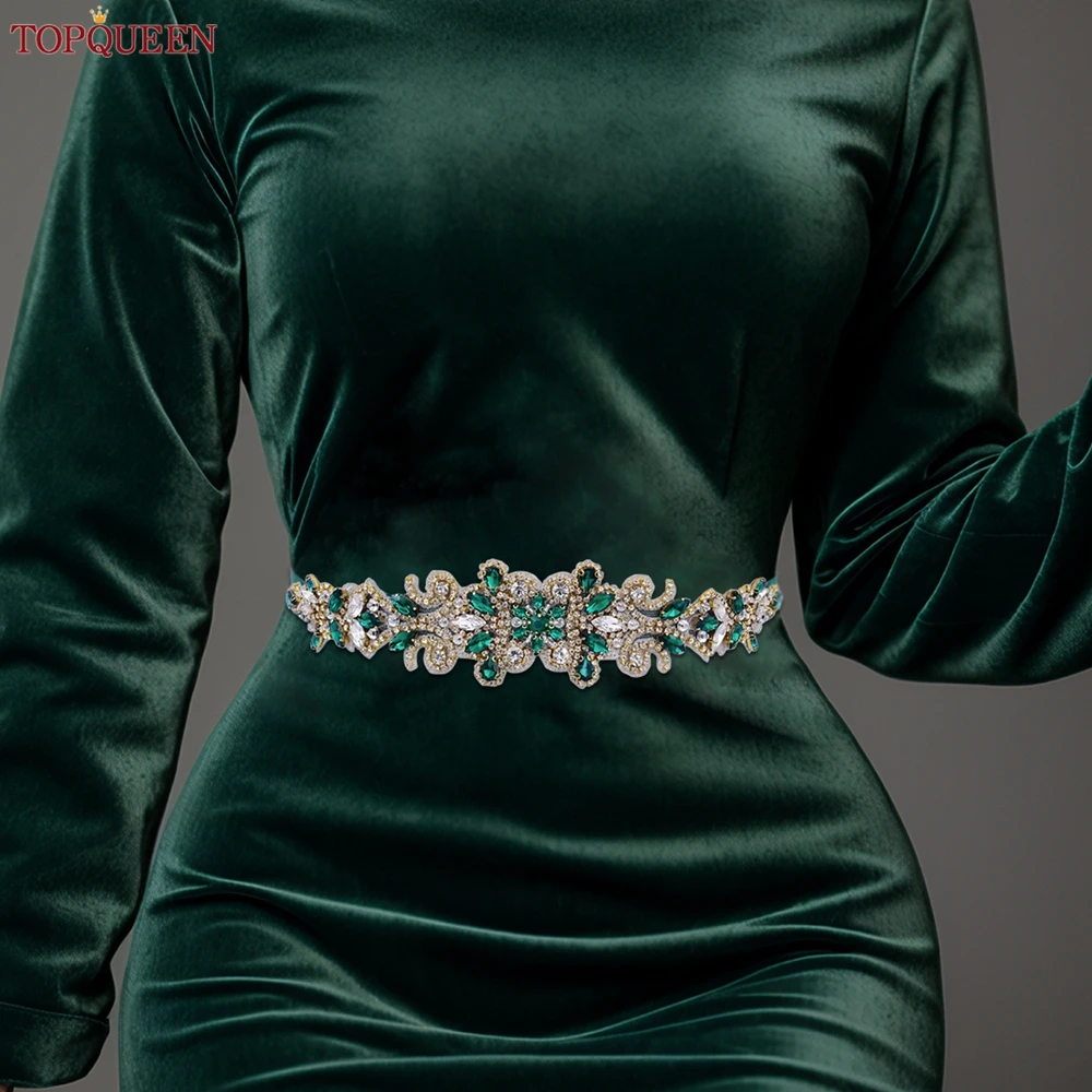 TOPQUEEN-Cinto De Vestido De Noiva Artesanal Para Mulheres, Acessórios Da Faixa Dourada, Strass Verde, Vestido De Festa Diário À Noite, Luxo, S12-KL