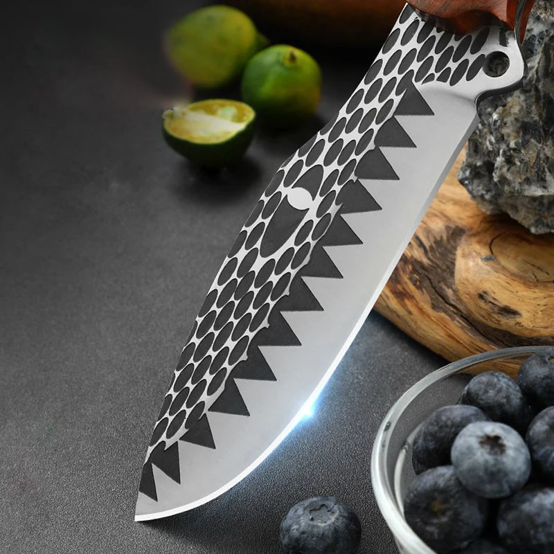 9.5 inch multi-purpose fruit knife, high carbon stainless steel 4mm thick, surface pattern, solid wood handle, outdoor tactical