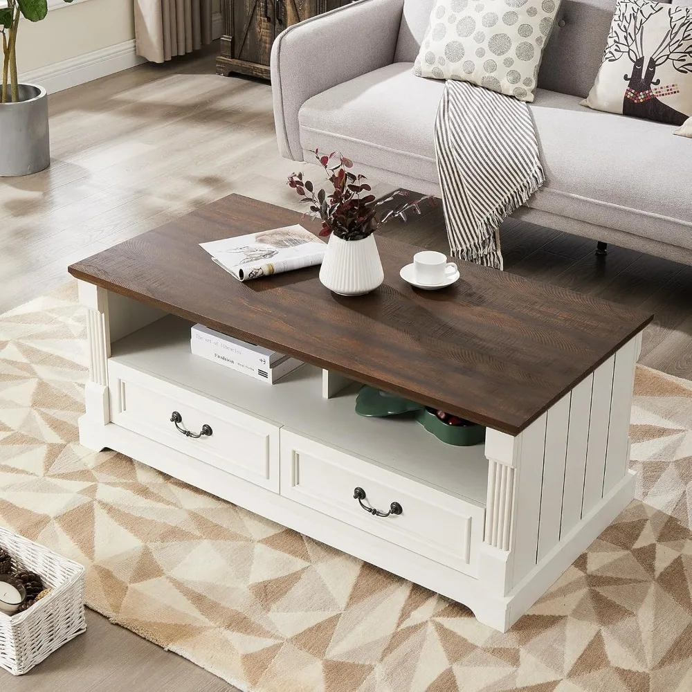 Mesa de centro de madeira de 48 '' para sala de estar, mesa de centro de fazenda com armazenamento, mesa central rústica para sala de estar com 4 gavetas,