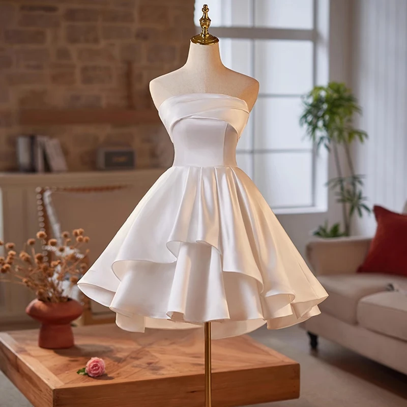 AnXin SH princesa satén blanco sin tirantes sin mangas volantes encaje hasta novia fiesta corto vestido de noche personalizado pequeño vestido blanco