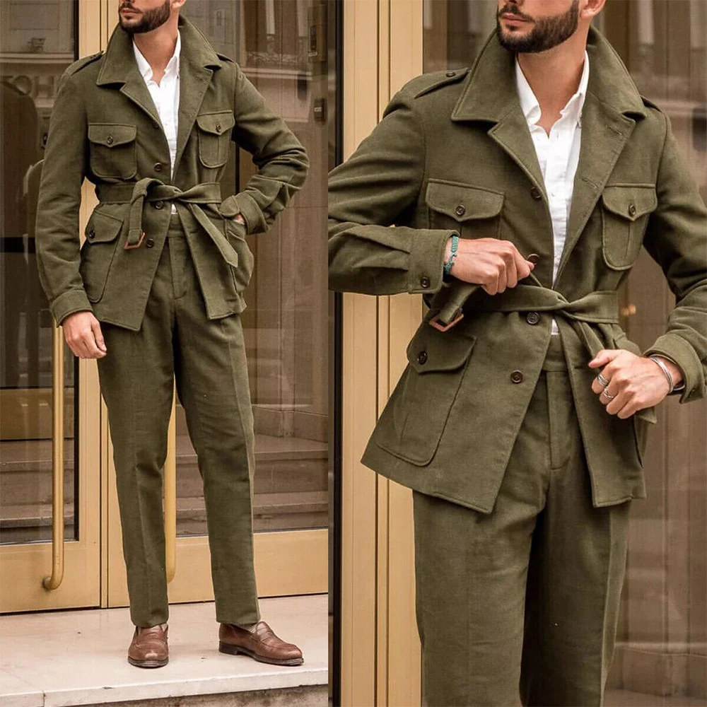 Abrigo de caza de lana verde con cinturón para hombre, chaqueta delgada Vintage para caza, pantalones, ropa informal elegante, traje de dos piezas