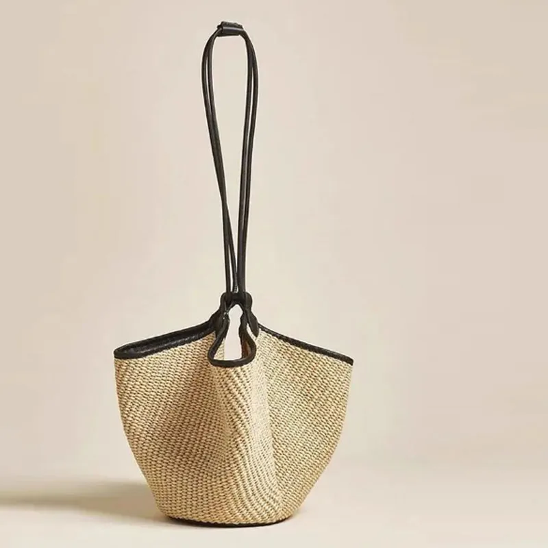 Bolsas de ombro de palha para mulheres, bolsa de balde tecida Raffia, bolsa casual, bolsa crossbody praia, cordão, bolsa verão