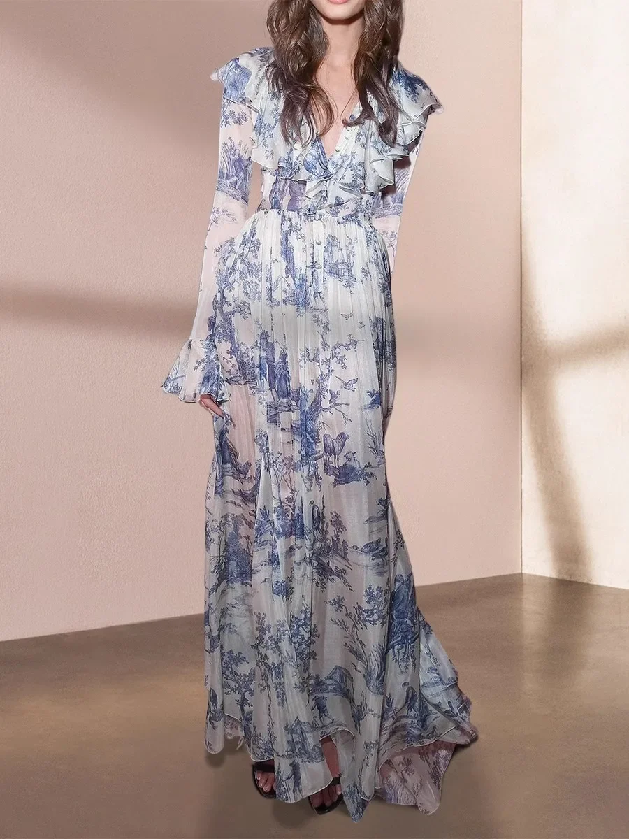 

Синее элегантное женское платье с оборками и принтом, уличная одежда с длинными рукавами, облегающее платье для праздника, вечеринки, подиума, дизайнерская одежда для женщин