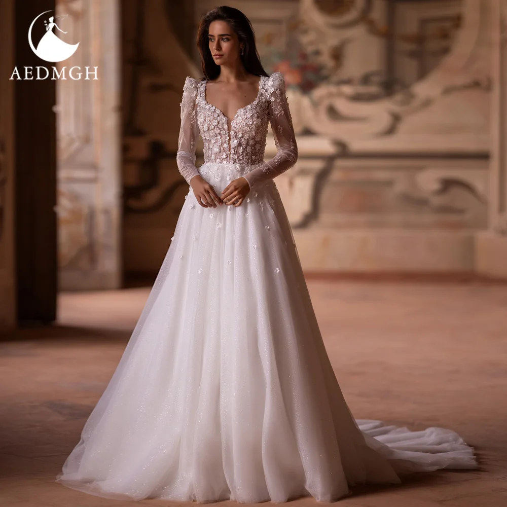 

Aedmgh A-Line Illusion Wedding Dresses 2024 Scalloped Long Sleeve Robe De Mariee Lace Appliques 3D Flowers Vestido De Novia