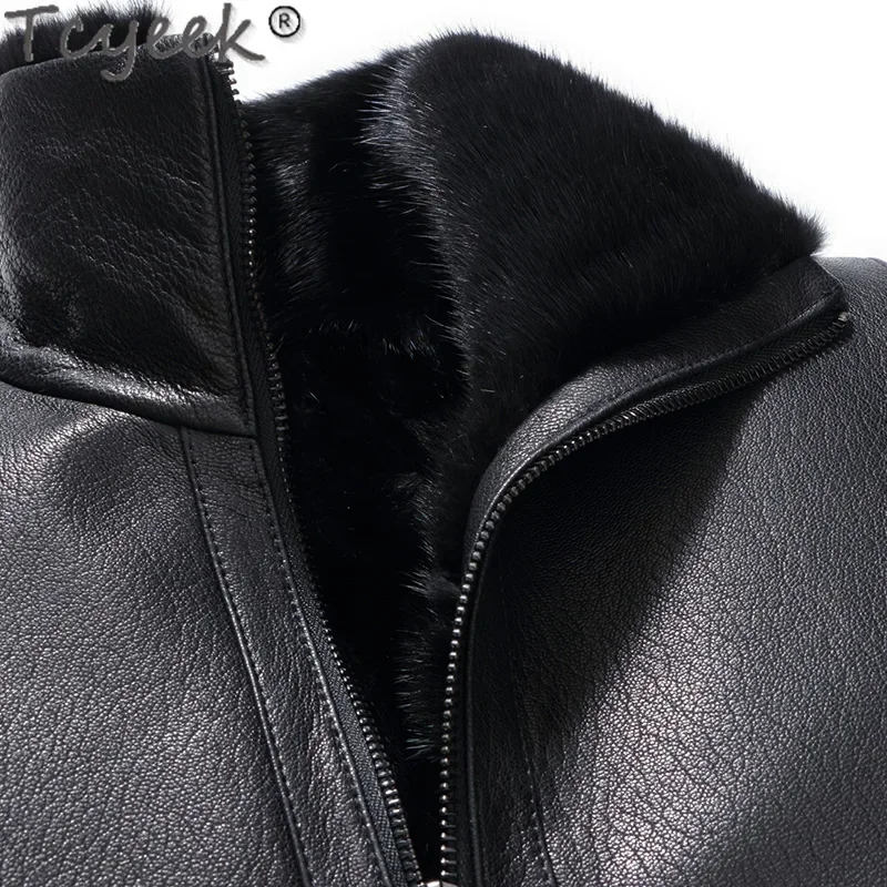 Tcyeek جلد الماعز سترة جلدية حقيقية رجال الأعمال عادية معطف الفرو الحقيقي جواكت شتوية 2025 معطف فرو المنك الدافئ ملابس رجالي