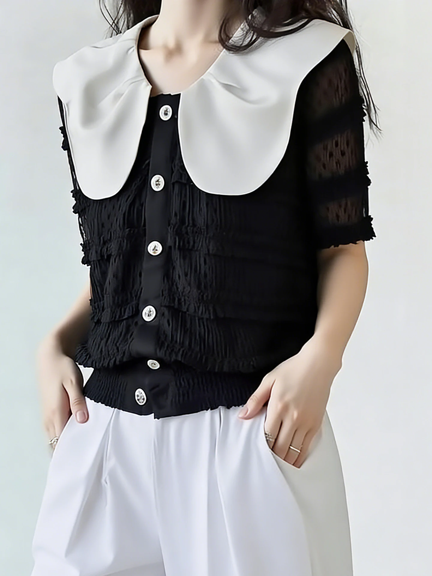 Loose Casual Slim Short Sleeve T-Shirt Single Button Color Block Design Fashionable Spring Autumn Women's Top Korean Style