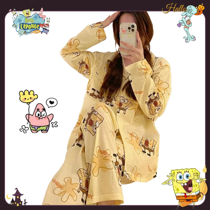 MINISO SpongeBob SquarePants Long-sleeved Pajamas Household Pajamas Long-sleeved Trouser Set Student Loungewear Perimeter Anime