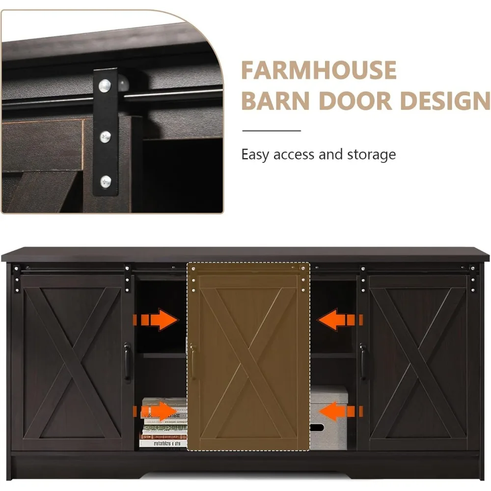 65インチテレビスタンド、スライド式納屋ドア付き、エスプレッソエンターテイメントセンター、大型テレビ用収納キャビネット