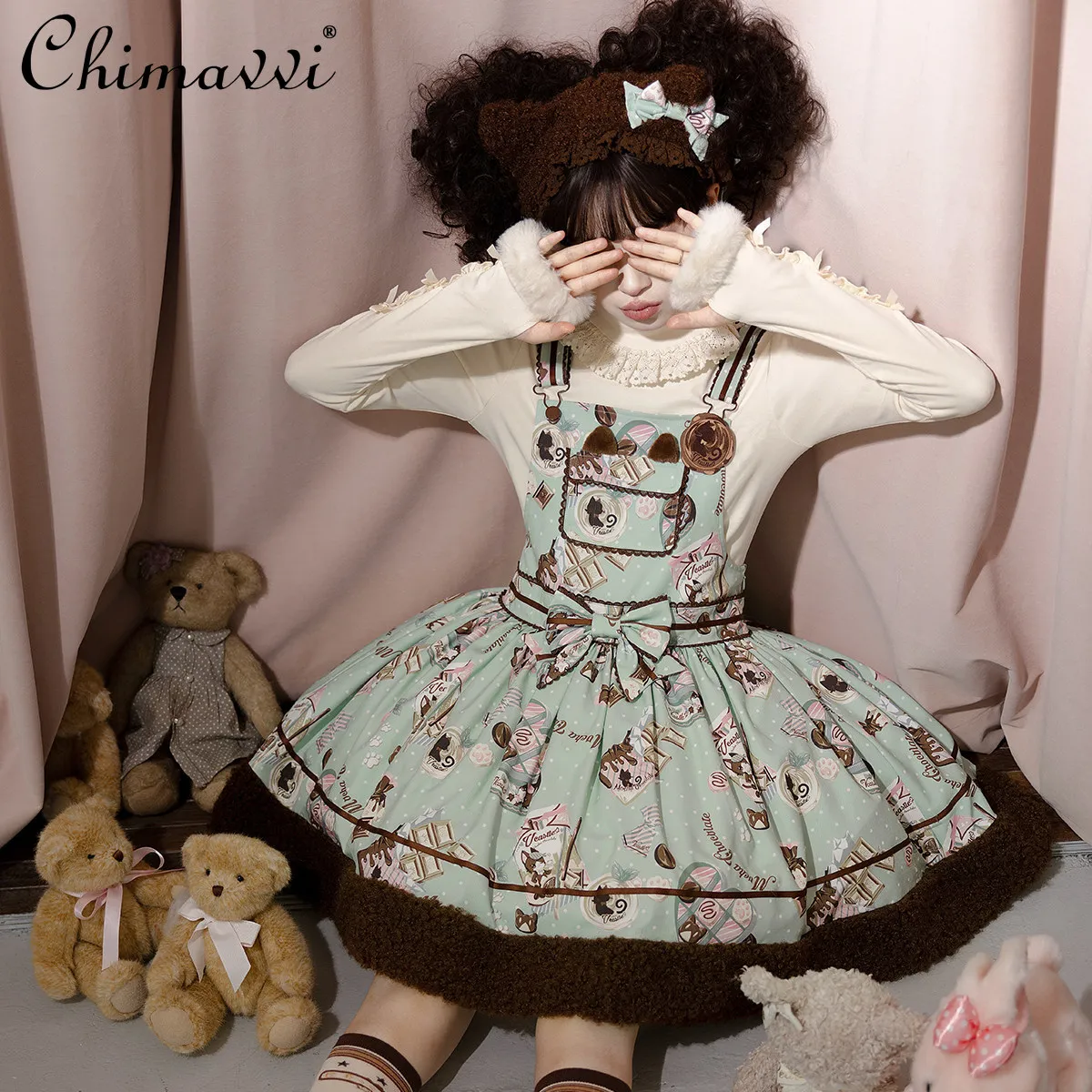 Vestido Lolita Original Color Chocolate, Nuevo 2026, Primavera y Verano, Estampado de Dibujos Animados para Niñas, Elegante y Lindo Vestido Corto de Princesa