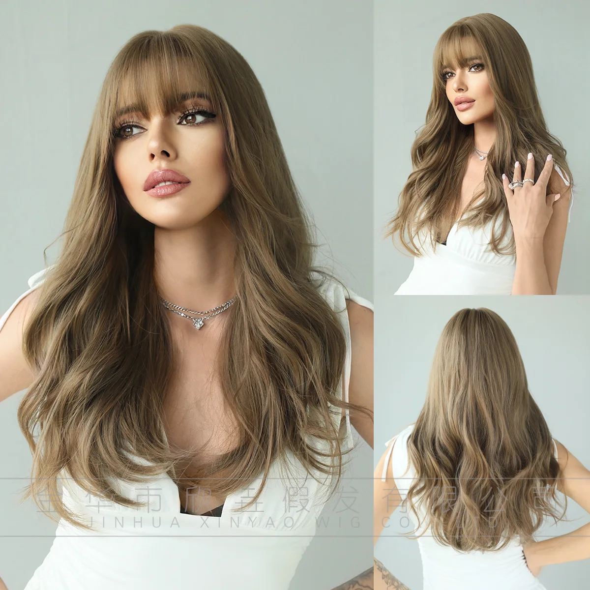 

European and American Ladies Brown Long Curly Hair Air Bangs Big Wave Chemical Fiber Wig Wholesale Brown Wavy Wigs