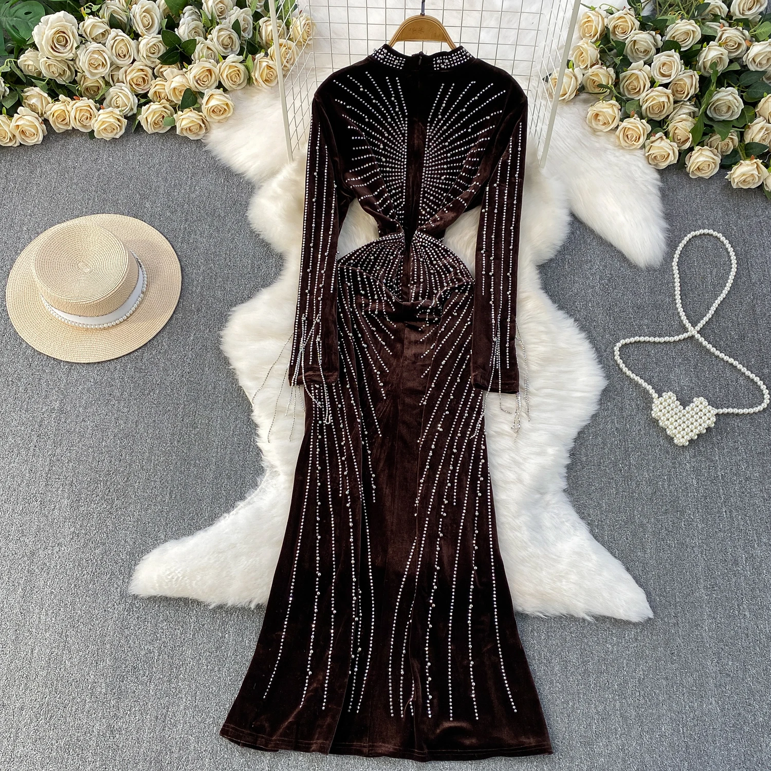 Französisch Chic Vintage Elegante velours meerjungfrau kleid Mode Herbst Vestidos Frauen zeremonie kleider