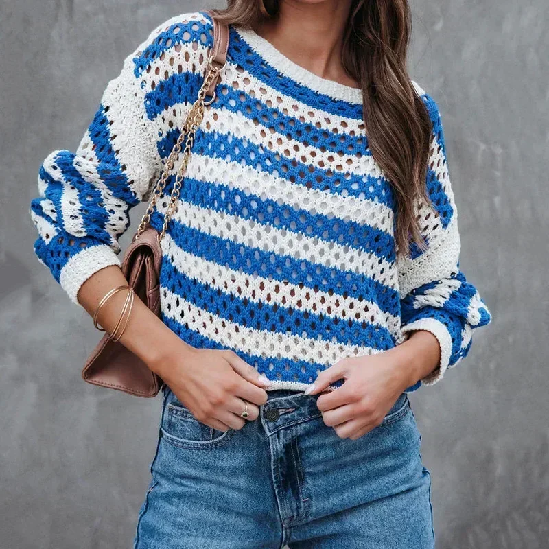 

2023 Autumn/Winter New Hollow Out Sweater Women's Round Neck Long Sleeve Striped Knitted Sweater Women's Wear