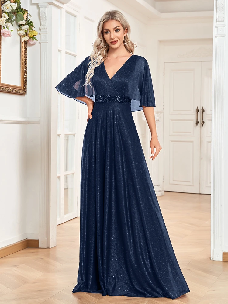 XUIBOL-vestido feminino de lantejoula de manga curta, vestido de chiffon elegante, babados com decote em v, festa de casamento, baile, vermelho 2024