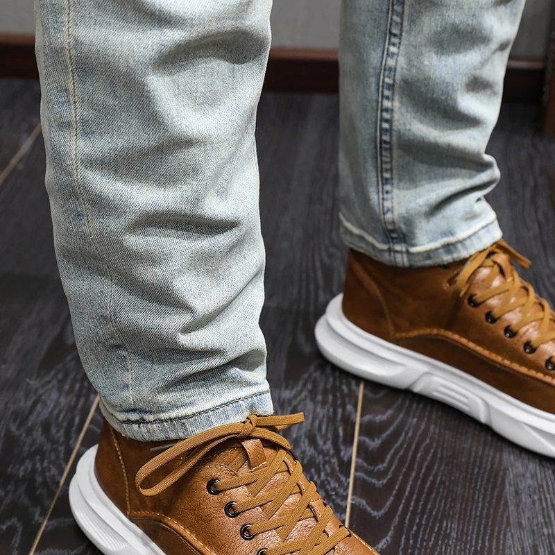 Fashion Designer Men Jeans High Quality Retro Light Blue Stretch Slim Fit Ripped Jeans Men Vintage Casual Denim Pants Hombre