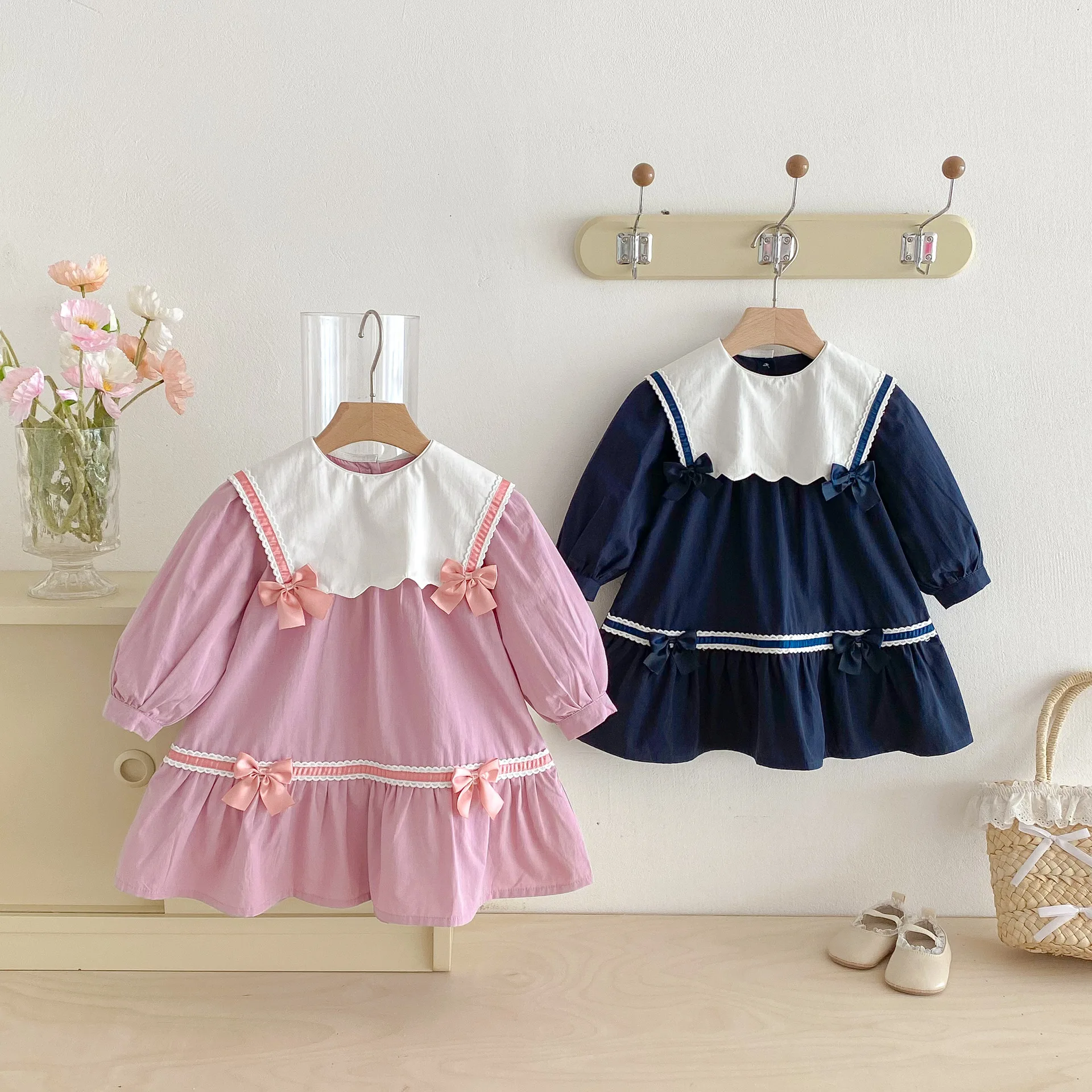 

2025 Autumn New Girls Preppy Style Dress Children Long Sleeve Loose Dress Baby Girl Sailor Collar Princess Dress Kids Clothes