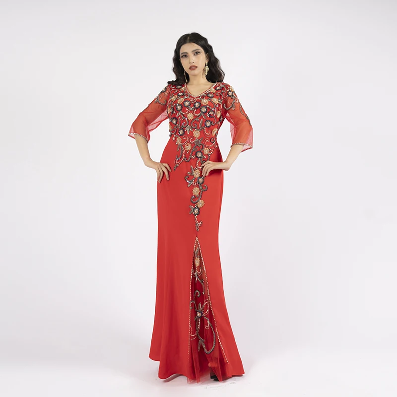 Baisha Red Prom Dress For Women New Handmade Beaded Mom Split Dress Dubai Mermaid Gown For Formal Occasions M99