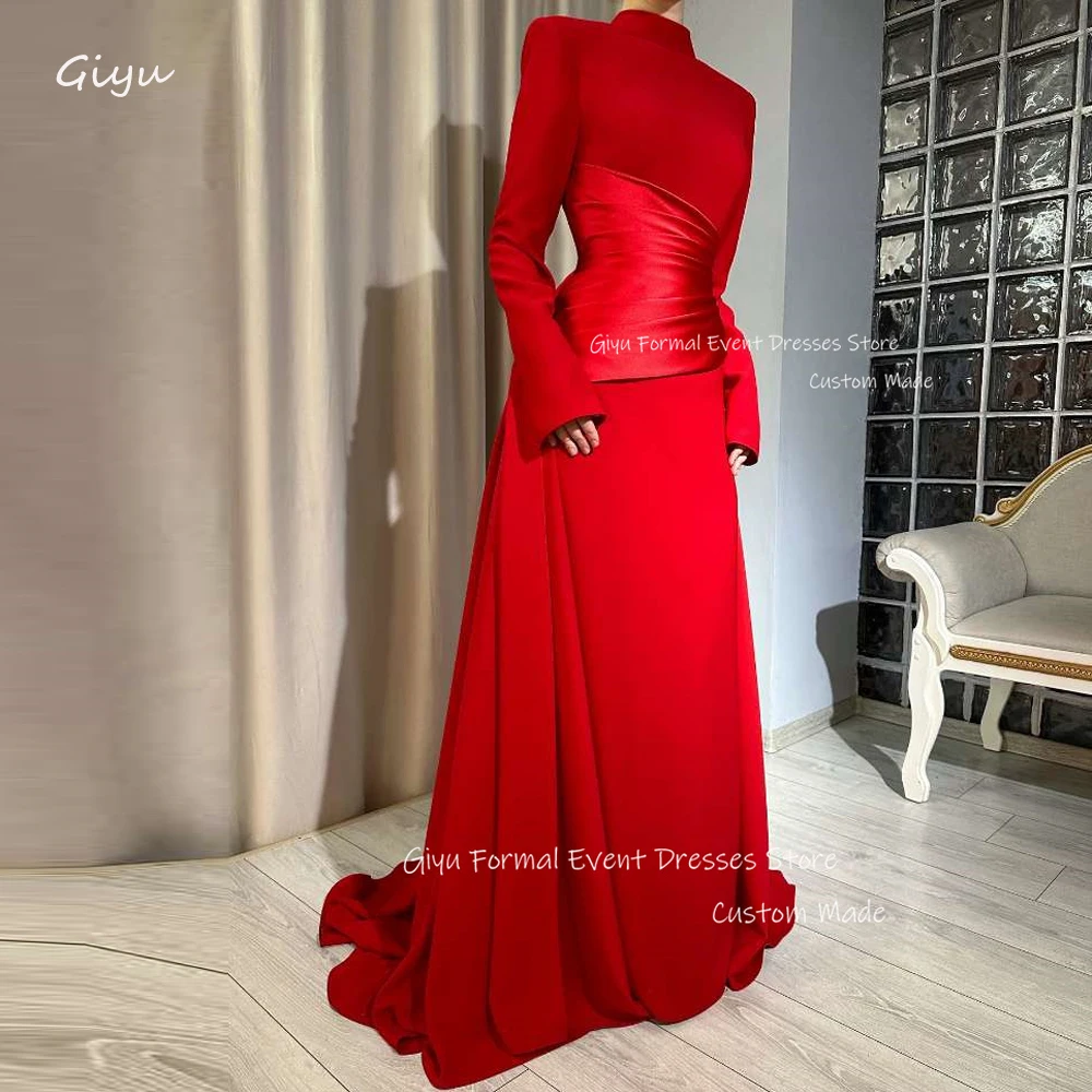 

Giyu Simple Red Evening Dresses Dubai Arabic Women Long Sleeves High Neck Formal Party Dress Prom Gowns Vestidos de fiesta