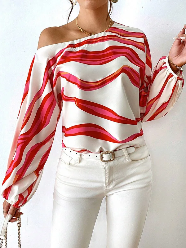 Krismile Autumn Stripe Graphic T Shirts 2024 New Long Sleeves Loose Asymmetric Striped One-shoulder Blouses Tops Women Clothing