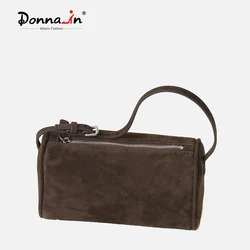 Donna-in First Layer Suede Handbag for Women Sheepskin Genuine Leather with Shoulder Strap Bag Mini Square Pen Container Shape