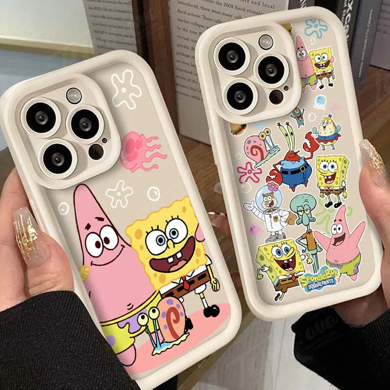 Lovely SpongeBobs Silicone Phone Case for iPhone 14 15 Pro Max 13 12 11 X XS XR 7 8 Plus SE 2020 Shockproof Matte Back Cover