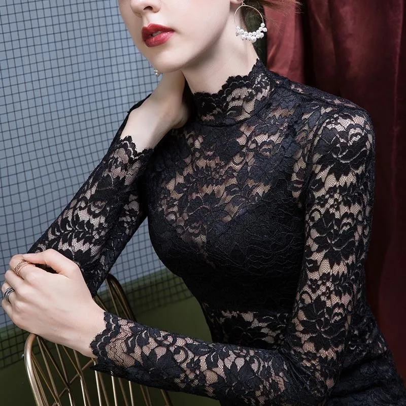 High Neck Lace Mesh Long Sleeve Top Women Autumn Winter | Hollow Crochet Slim Fit Sexy Elegant Tee S-5XL