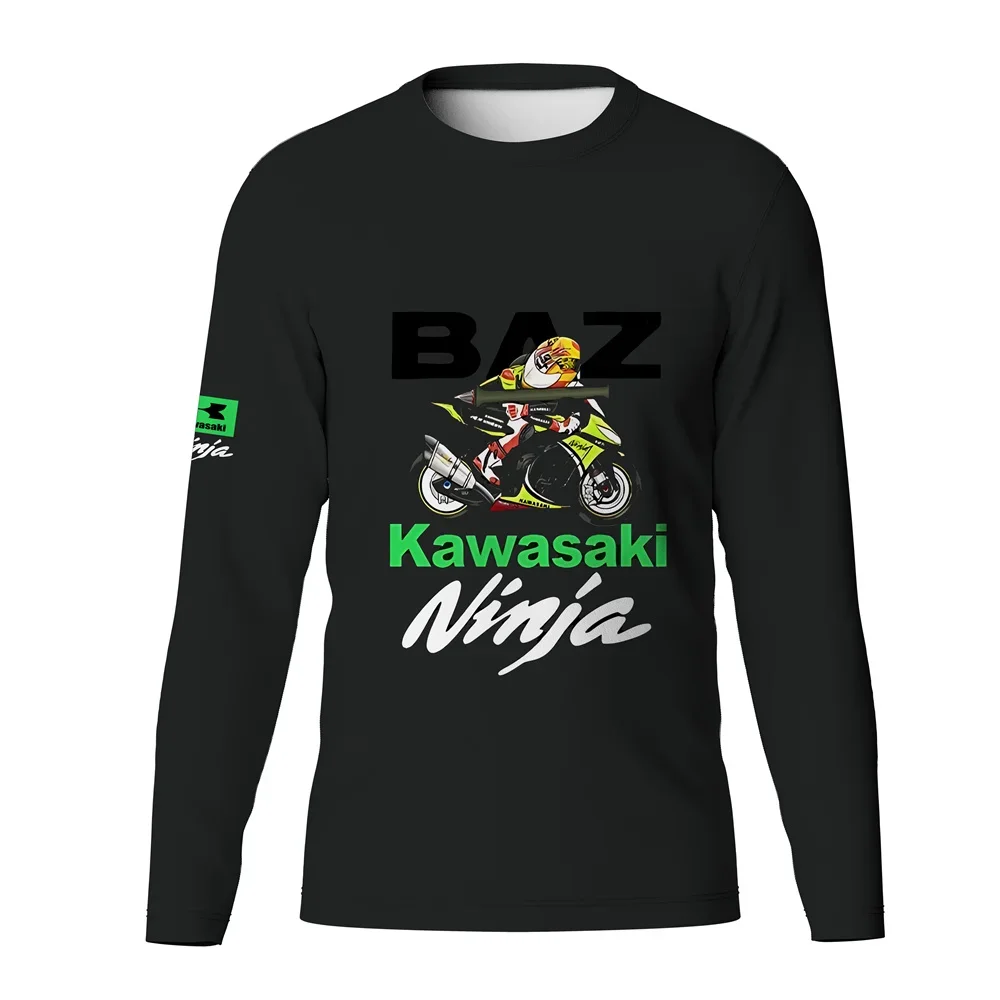 

Summer Men's Round Neck Long Sleeved Kawasaki Casual Simple Printed Breathable Quick Drying Loose and Comfortable Sports Top